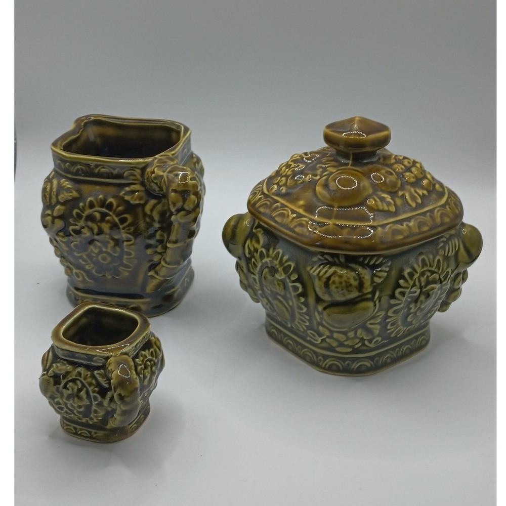 Vintage MCM Japan Olive Green Ceramic Sugar Bowl Creamer and 1/8 Cup Pitcher Set